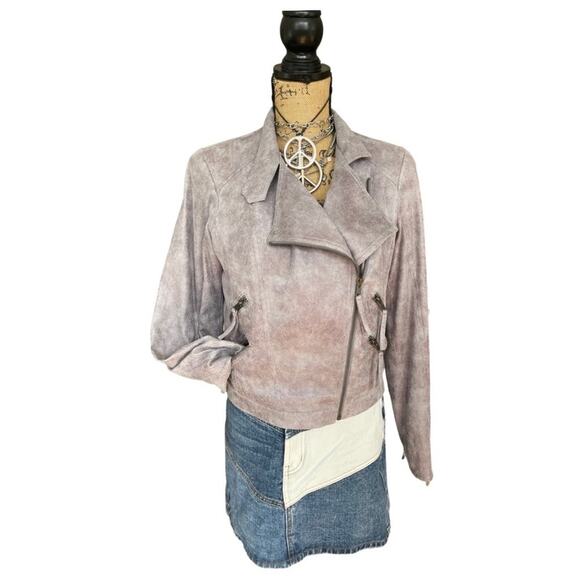 LAVANDER BROWN - NWOT faux leather moto biker jacket crackled gray size SMALL - Picture 1 of 15
